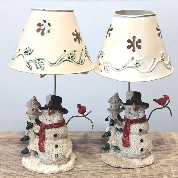 VTG Set of 2 Christmas Ceramic Snowman Metal Shade Tealight Holders - Picture 1 of 16